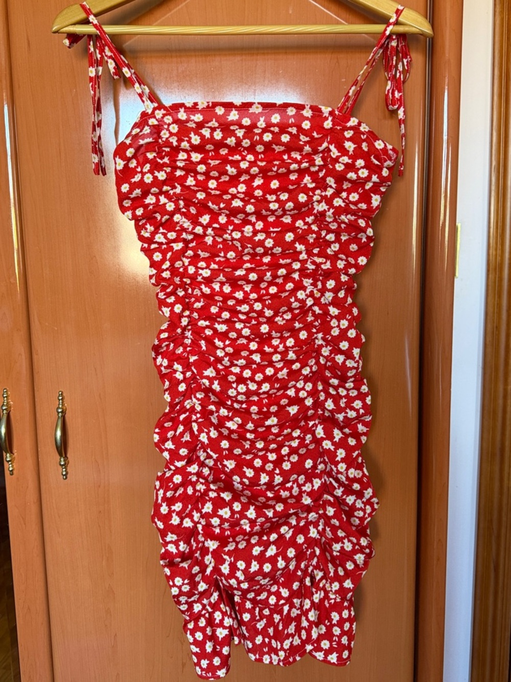 Red Floral Ruched Tie-Strap Dress